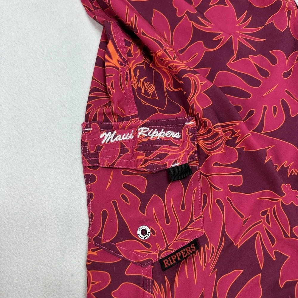 Maui Rippers Board Shorts Mens 32 Red Hawaiian Mermaid Floral Swim Tropical